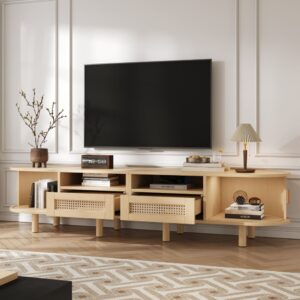 Ovales TV-Lowboard mit Rattan-Schubladen und Schiebetüren 170cm Eiche 170x40x40cm Spanplatte Braun MODFU Möbel Wohnzimmermöbel TV-Möbel