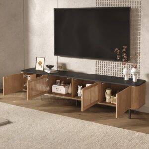 wohnli-moebel-suche-M26085761-1 TV-Schrank mit Gittertüren und Stauraum 190 cm Eiche 190x45x38cm Spanplatte Schwarz MODFU Möbel Wohnzimmermöbel TV-Möbel