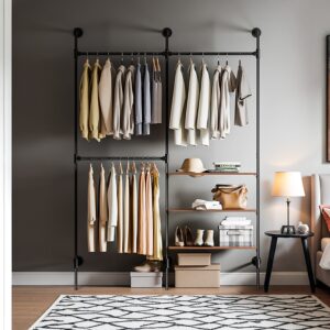 wohnli-moebel-suche-M26085770-1 Garderobenständer mit 3 ablagen schwarz 168x46x220cm industriell 168x220x46cm Metall Schwarz SoBuy Möbel Schlafzimmermöbel Kleiderständer