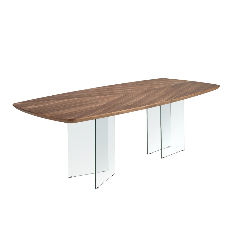 wohnli-moebel-suche-M26087409 Wohnli Möbelsuche - Ovaler Fass-Esstisch aus Nussbaumholz und gehärtetem Glas