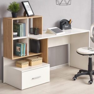 wohnli-moebel-suche-M26090015-1 Schreibtisch in Weißeichenoptik mit großer Schublade und Regalen 149x105x149cm Holz Weiß MSO Möbel Büromöbel Schreibtische