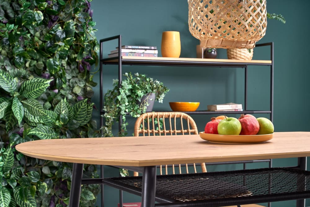 Esstisch aus goldener Eiche mit Rattanregal 160x77x90cm Holz Braun MSO Möbel Esszimmermöbel Esstische