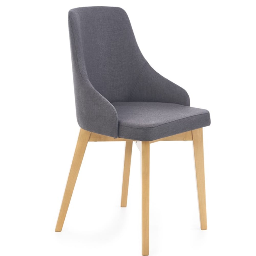 Wohnli Möbelsuche - Skandinavischer Designstuhl aus Holz und grauem Stoff