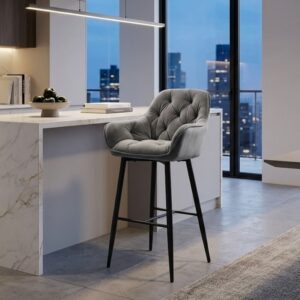 wohnli-moebel-suche-M26090039-1 Hochstuhl im Design aus schwarzem Metall und grauem Samt 40x105x56cm Samt Grau MSO Möbel Esszimmermöbel Stühle