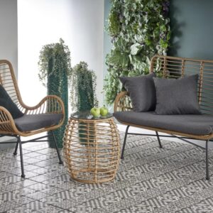 wohnli-moebel-suche-M26090055-1 2-Personen-Sofa aus synthetischem Rattan mit grauen Stoffkissen 96x70x120cm Stoff Braun MSO Sofas und Sessel Sofas 2-Sitzer-Sofas & 3-Sitzer-Sofas