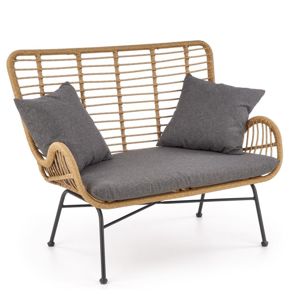 wohnli-moebel-suche-M26090055 Wohnli Möbelsuche - 2-Personen-Sofa aus synthetischem Rattan mit grauen Stoffkissen