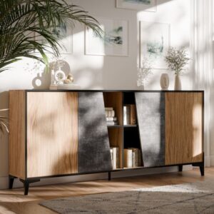 wohnli-moebel-suche-M26090069-1 Designer-Sideboard in Eichen- und Betonfarbe mit 4 Türen 38x83x180cm Holz Braun MSO Möbel Esszimmermöbel Sideboards, Highboards & niedrige Anrichten