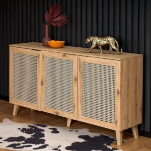 wohnli-moebel-suche-M26090072-1 3-türiges Sideboard in Natureiche und Rattanoptik 40x85x160cm Holz Braun MSO Möbel Esszimmermöbel Sideboards, Highboards & niedrige Anrichten