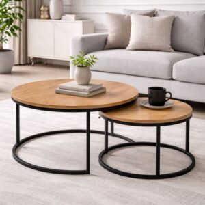 wohnli-moebel-suche-M26090074-1 Runder Satztisch aus Holz und Metall (x2) 80x45x80cm Holz Braun MSO Möbel Wohnzimmermöbel Couchtische