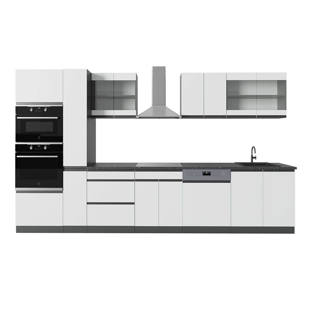 wohnli-moebel-suche-M26090107 Wohnli Möbelsuche - Küchenzeile J-Shape mit Hochschrank ohne Arbeitsplatte Weiß 350x81