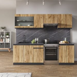 wohnli-moebel-suche-M26090109-1 Küchenzeile J-Shape Goldkraft Eiche/Anthrazit 240x81.6cm 240x82x46cm Spanplatte Braun Vicco Möbel Küchenmöbel Küchenunterschränke