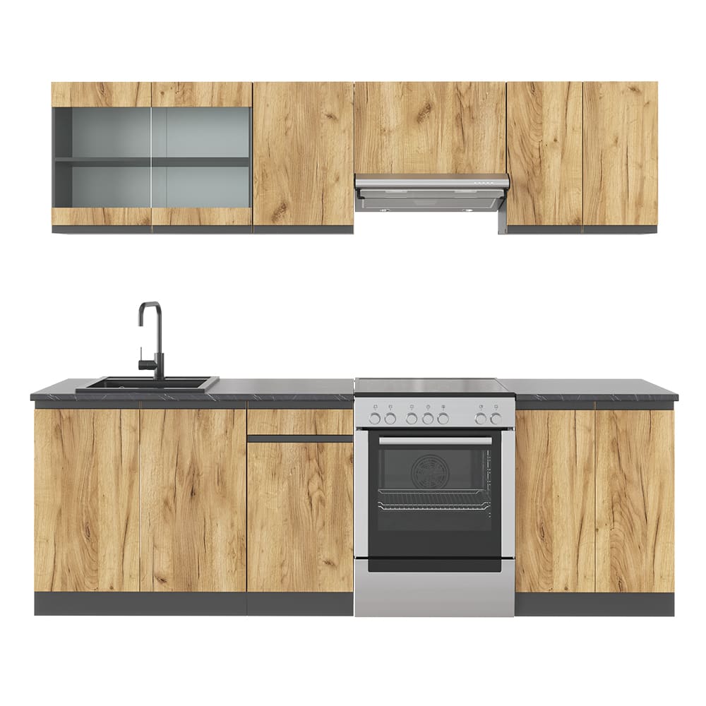 wohnli-moebel-suche-M26090109 Wohnli Möbelsuche - Küchenzeile J-Shape Goldkraft Eiche/Anthrazit 240x81.6cm