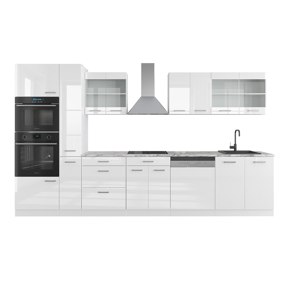 wohnli-moebel-suche-M26090139 Wohnli Möbelsuche - Küchenzeile mit Hochschrank ohne Arbeitsplatte Weiß Hochglanz 350x81