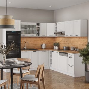 wohnli-moebel-suche-M26090159-1 Eckküche ohne Arbeitsplatte Weiß Landhaus/Weiß 247x81.6cm 247x82x46cm Spanplatte Weiß Vicco Möbel Küchenmöbel Küchenunterschränke