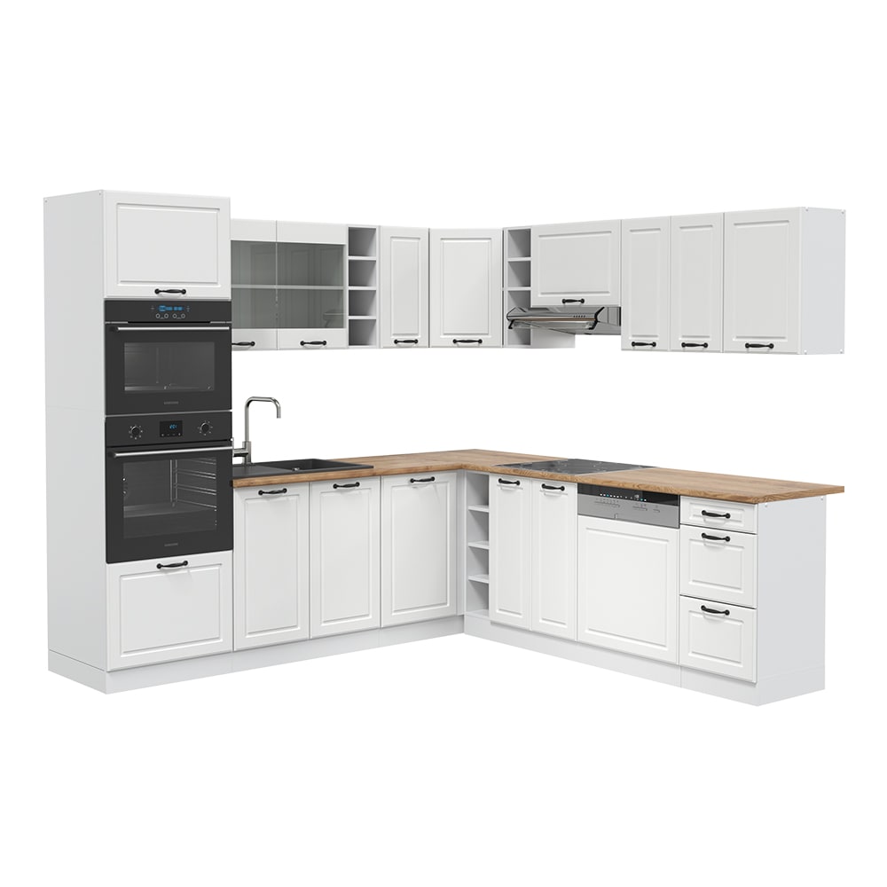 wohnli-moebel-suche-M26090159 Wohnli Möbelsuche - Eckküche ohne Arbeitsplatte Weiß Landhaus/Weiß 247x81.6cm