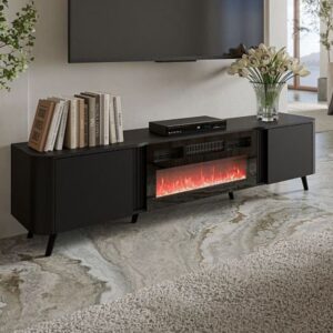 200 cm großes schwarzes TV-Gerät mit elektrischem Kamin 200x49x200cm Holz Schwarz MSO Möbel Wohnzimmermöbel TV-Möbel