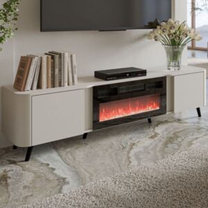200 cm großes beiges TV-Gerät mit elektrischem Kamin 200x49x200cm Holz Beige MSO Möbel Wohnzimmermöbel TV-Möbel