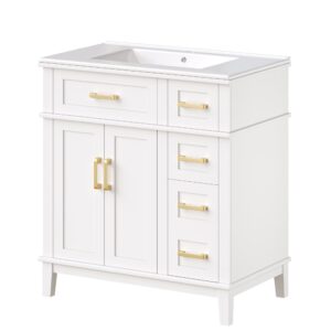 Wohnli Möbelsuche - Weißer Bad-Waschtisch 76cm - Keramikbecken & Gold-Griffe - Soft-Close