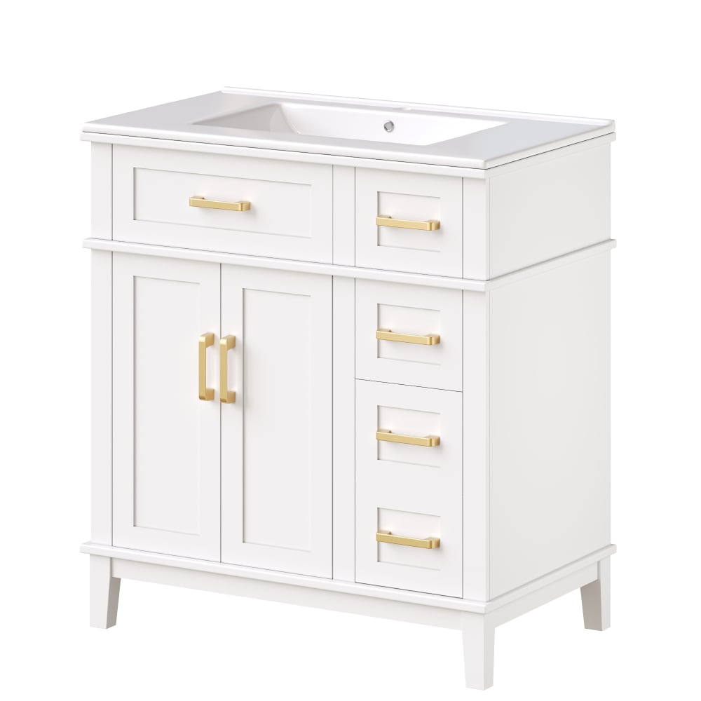 Wohnli Möbelsuche - Weißer Bad-Waschtisch 76cm - Keramikbecken & Gold-Griffe - Soft-Close