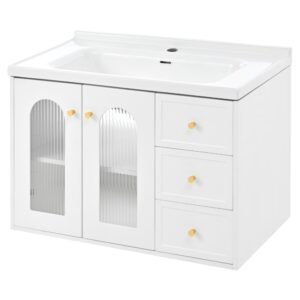 Wohnli Möbelsuche - Waschbeckenunterschrank mit Riffelglas & goldenen Griffen