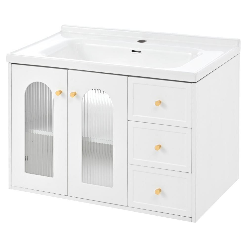 Wohnli Möbelsuche - Waschbeckenunterschrank mit Riffelglas & goldenen Griffen