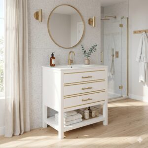 wohnli-moebel-suche-M26093446-1 Weißer Bad-Waschtisch 76cm - Keramikbecken & Gold-Details 2 Schubladen 76x86x47cm Spanplatte Weiß Urban Meuble Möbel Badezimmermöbel Waschbecken