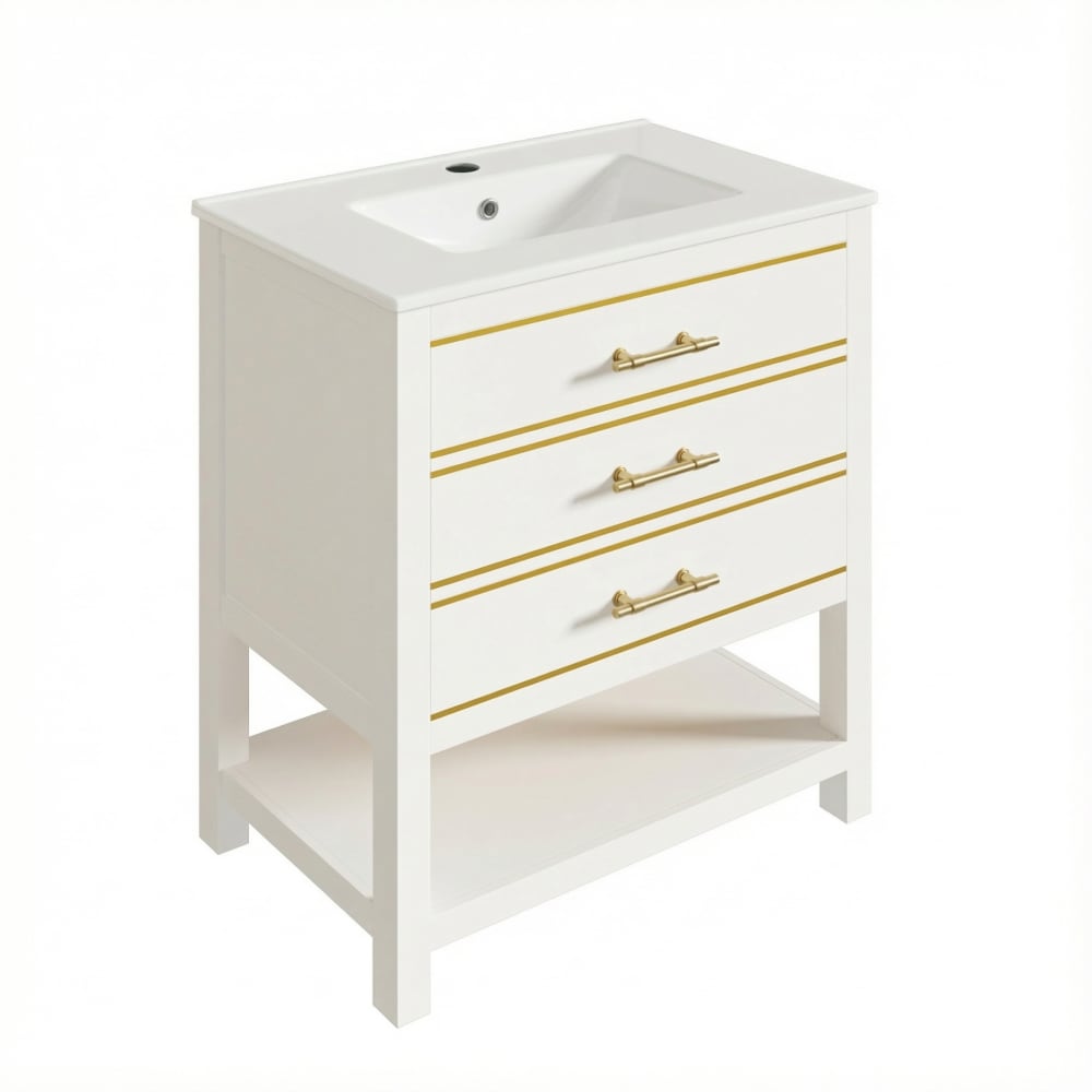 wohnli-moebel-suche-M26093446 Wohnli Möbelsuche - Weißer Bad-Waschtisch 76cm - Keramikbecken & Gold-Details 2 Schubladen