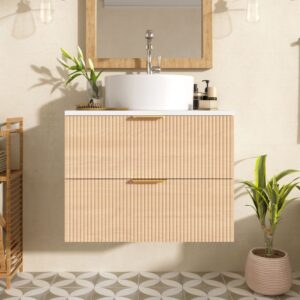 wohnli-moebel-suche-M26093447-1 Hängender Waschtisch Weiß & Natur - Gewellte Fronten mit Aufsetzbecken 60x60x45cm Spanplatte Beige Urban Meuble Möbel Badezimmermöbel Waschbecken