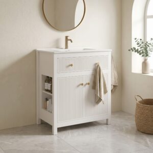 Waschtischunterschrank weiß 81 cm – geriffeltes Design mit Golddetails 81x87x47cm Spanplatte Weiß Urban Meuble Möbel Badezimmermöbel Badezimmerschränke