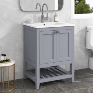 wohnli-moebel-suche-M26093461-1 Badmöbel Set 60cm Grau - Waschtisch mit Keramikbecken & Massivholz-Mix 61x90x46cm Spanplatte Grau Urban Meuble Möbel Badezimmermöbel Waschbecken