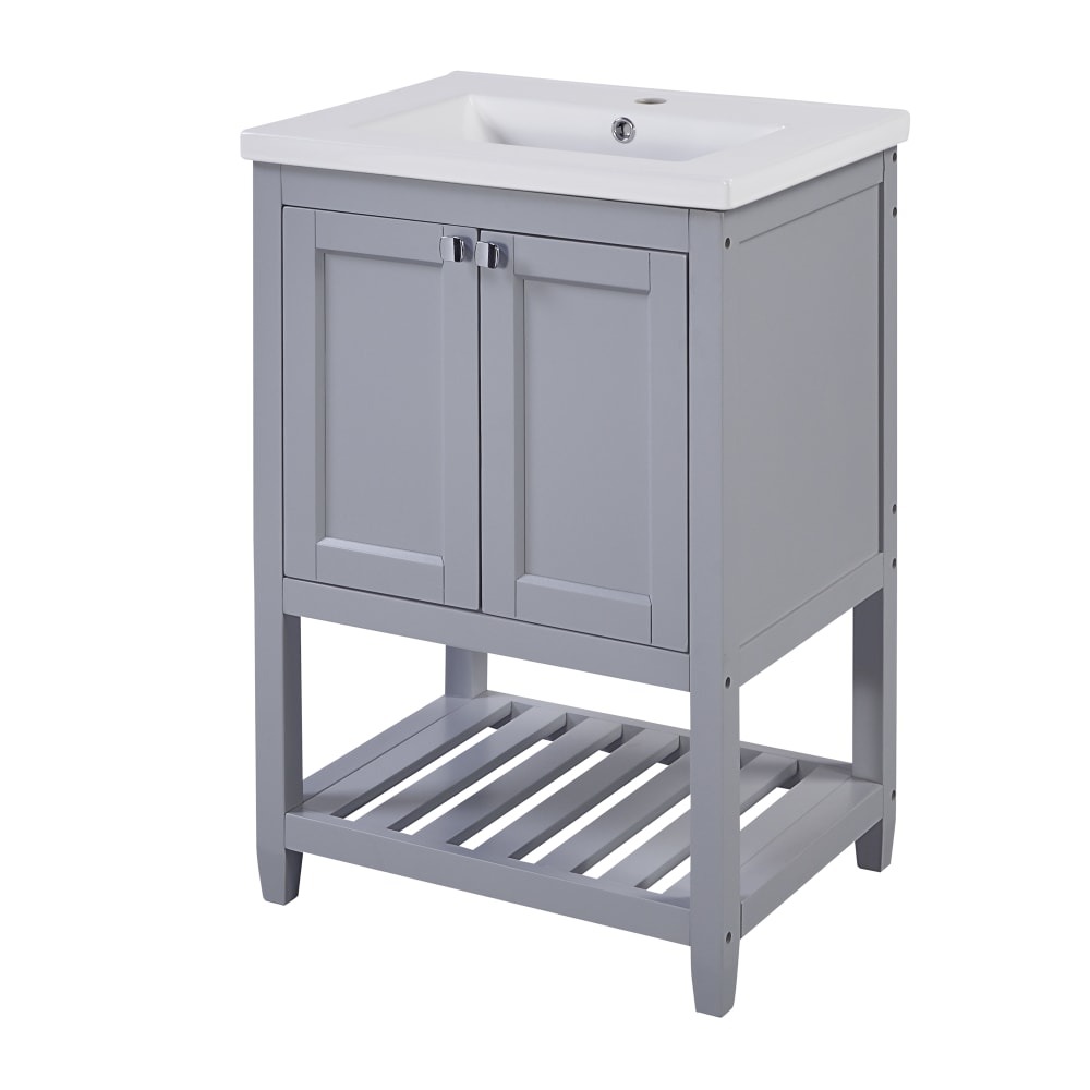 wohnli-moebel-suche-M26093461 Wohnli Möbelsuche - Badmöbel Set 60cm Grau - Waschtisch mit Keramikbecken & Massivholz-Mix