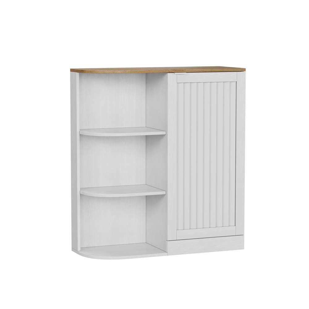 wohnli-moebel-suche-M26093514 Wohnli Möbelsuche - Eckschrank Weiß & Eiche 76cm - Badregal mit Gittertür & 3 Ablagen
