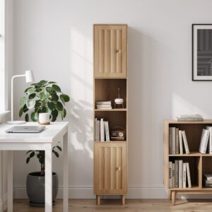 wohnli-moebel-suche-M26093537-1 Hochschrank Eiche-Optik 169cm - Badschrank Schmal mit 2 Türen & Regal 32x169x30cm Spanplatte Beige Urban Meuble Möbel Badezimmermöbel Badezimmerschränke