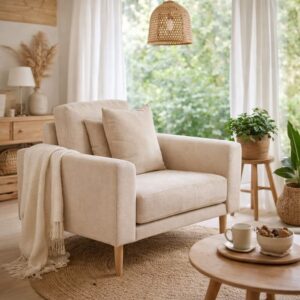 Moderner Sessel in sandweißen Stoff 92x54x90cm Stoff Beige House Nordic Sofas und Sessel Sessel, Poufs und Fußbänke Sessel