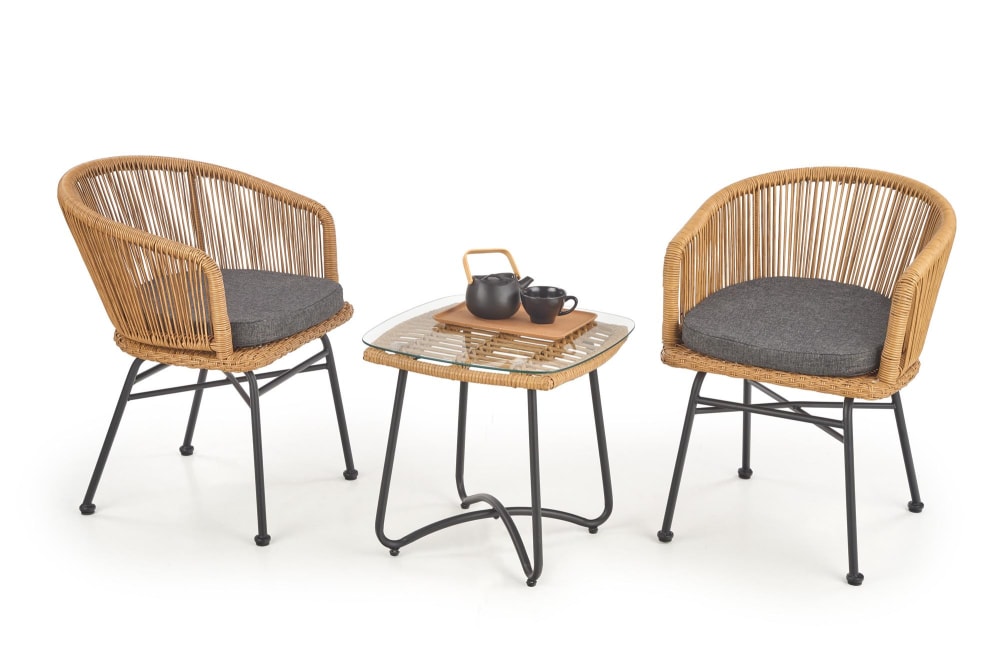 Stuhl im Rattan-Stil mit Kissen und schwarzen Metallbeinen 47x74x55cm Rattan Grau MSO Möbel Esszimmermöbel Stühle