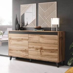 wohnli-moebel-suche-M26094785-1 Kommode 1 Tür 3 Schubladen Eiche Dekor 138cm 38x83x138cm Holz Braun MSO Möbel Schlafzimmermöbel Kommoden
