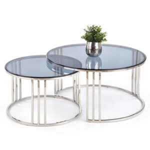 wohnli-moebel-suche-M26094855-1 Set aus zwei ineinander steckbaren Couchtischen mit Glasplatten 80x45x80cm Glas Silber MSO Möbel Wohnzimmermöbel Couchtische