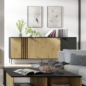 wohnli-moebel-suche-M26096523-1 Sideboard Rodgau mit Türen 220x40x92cm schwarz / Eiche Artisan 40x92x220cm Spanplatte Schwarz Feldmann-Wohnen Möbel Schlafzimmermöbel Kommoden