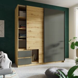wohnli-moebel-suche-M26096533-1 Schwebetürenschrank Uriel aus Holz 180x59x198cm graphit Eiche Artisan 59x198x180cm Spanplatte Braun Feldmann-Wohnen Möbel Schlafzimmermöbel Kleiderschränke