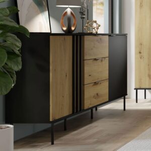 Sideboard Rodgau mit Türen aus Holz 165x40x92cm schwarz Eiche Artisan 40x92x165cm Spanplatte Schwarz Feldmann-Wohnen Möbel Schlafzimmermöbel Kommoden