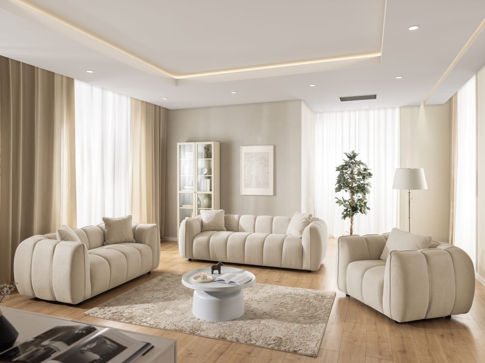 Polstergarnitur 3+2 in tief gesteppter Bubble-Optik 89x69x228cm Holz Beige S-Style Sofas und Sessel Sofas 2-Sitzer-Sofas & 3-Sitzer-Sofas
