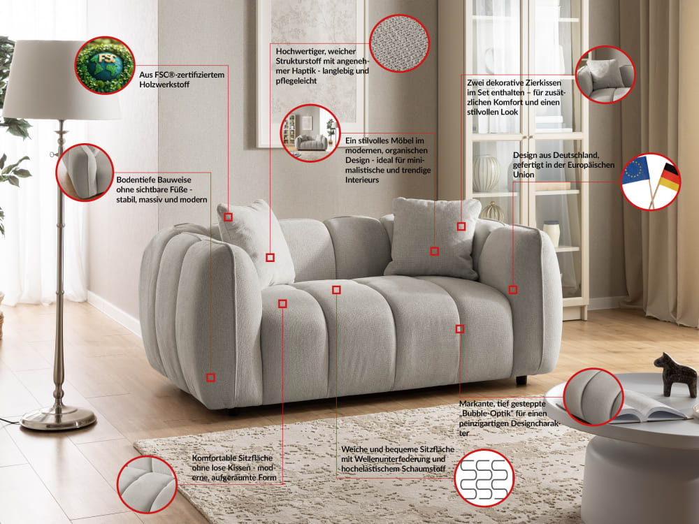 Polstergarnitur 2+1 in tief gesteppter Bubble-Optik 89x69x172cm Holz Taupe S-Style Sofas und Sessel Sofas 2-Sitzer-Sofas & 3-Sitzer-Sofas