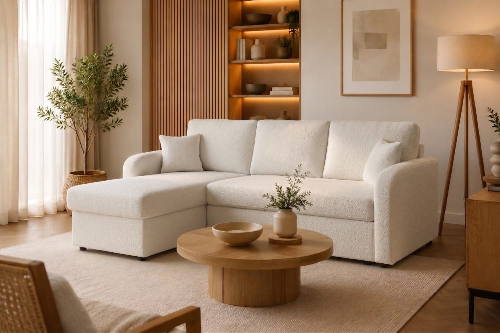 Universelles Ecksofa mit Schlaffunktion und Bettkasten – ecru 145x87x227cm PES - Polyester Beige KS Home Concept Sofas und Sessel Sofas Ecksofas