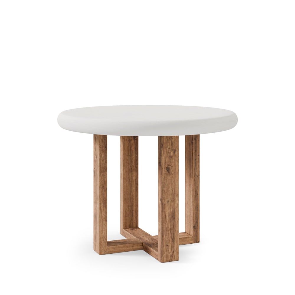 wohnli-moebel-suche-M26099676 Wohnli Möbelsuche - Runder Tisch mit weißer Zementplatte (100 cm) und Beinen aus Eiche