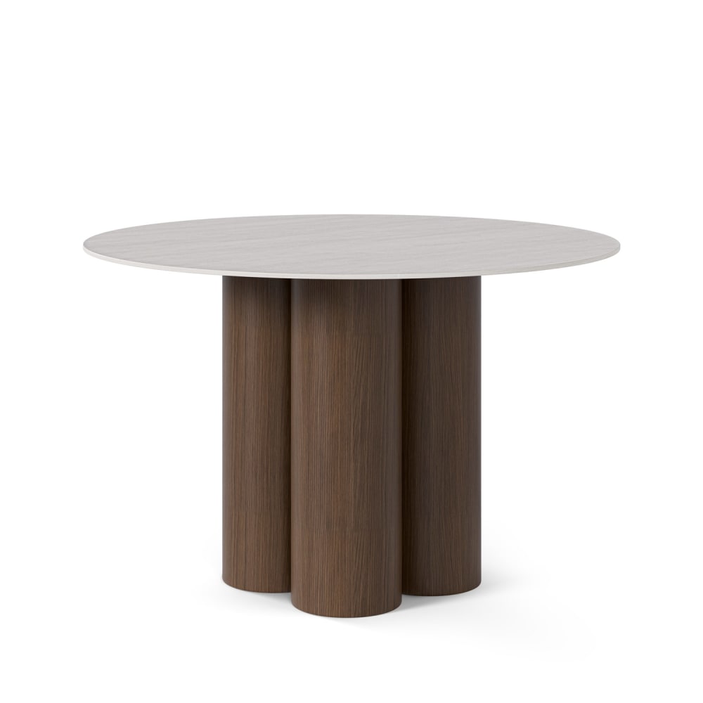 wohnli-moebel-suche-M26099705 Wohnli Möbelsuche - Runder Tisch mit 120 Platte in Beige und Gestell aus Nussbaumholz