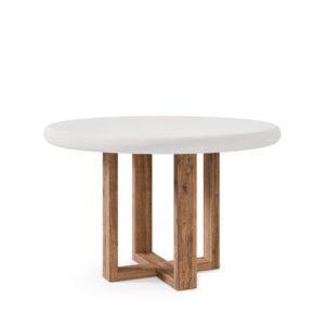 Wohnli Möbelsuche - Runder Tisch mit weißer Zementplatte (120 cm) und Beinen aus Eiche