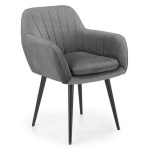 wohnli-moebel-suche-M26099866 Wohnli Möbelsuche - Grauer Samtstuhl mit Sitzkissen und schwarzen Metallbeinen