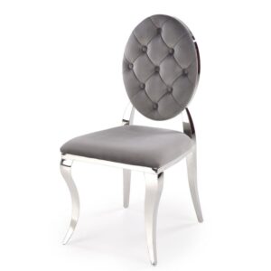Wohnli Möbelsuche - Designerstuhl aus grauem Samt mit silberner Metallstruktur