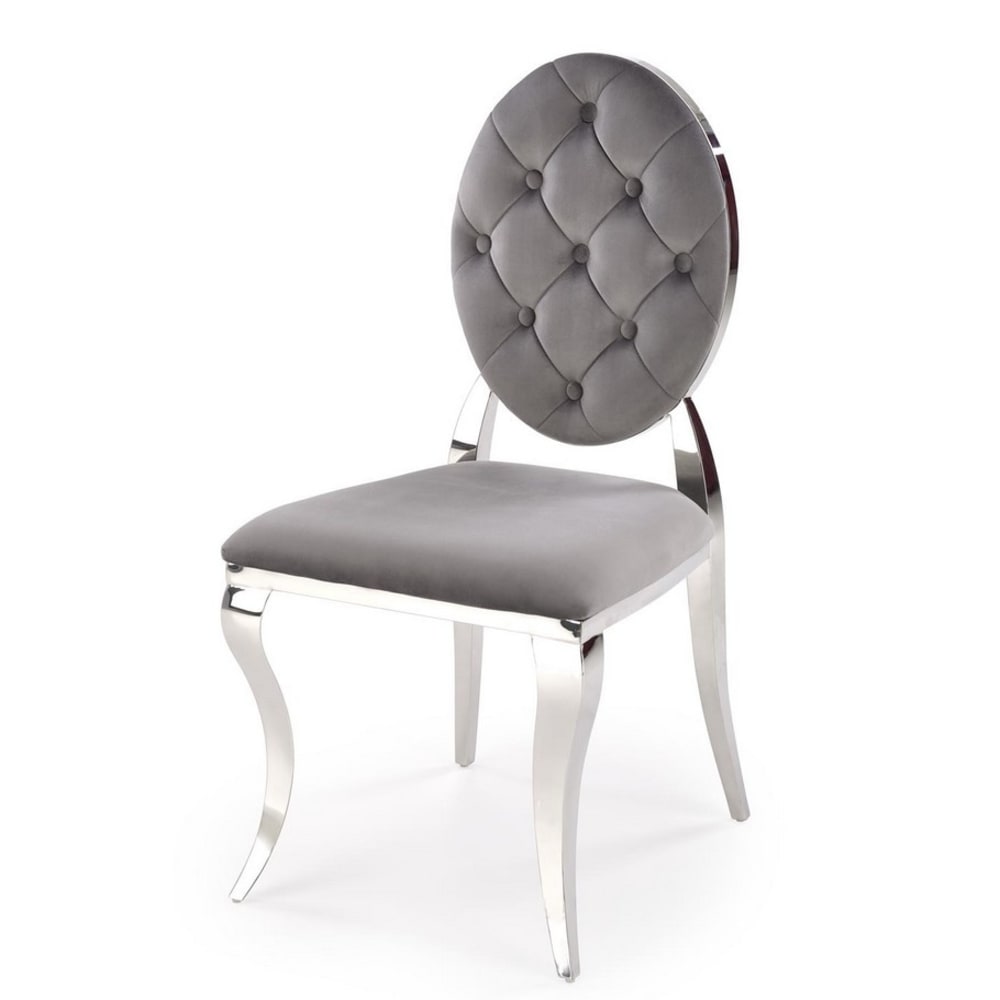 Wohnli Möbelsuche - Designerstuhl aus grauem Samt mit silberner Metallstruktur