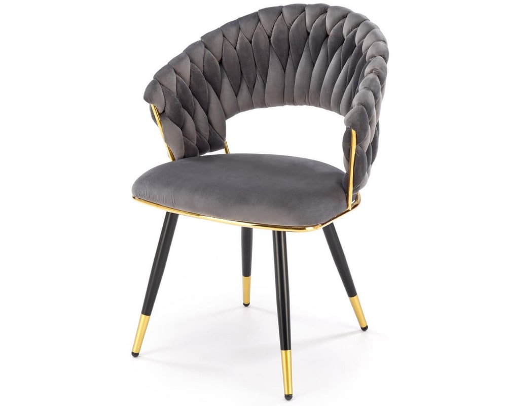 Wohnli Möbelsuche - Designerstuhl aus grauem Samt mit goldenem und schwarzem Gestell